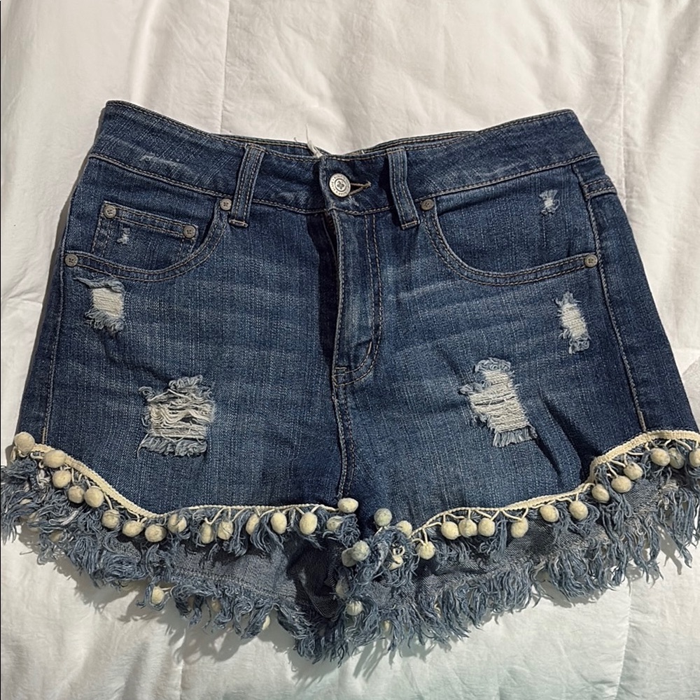 Altar'd State Blue Distressed Jean Shorts with Bohemian Pom-Pom Trim